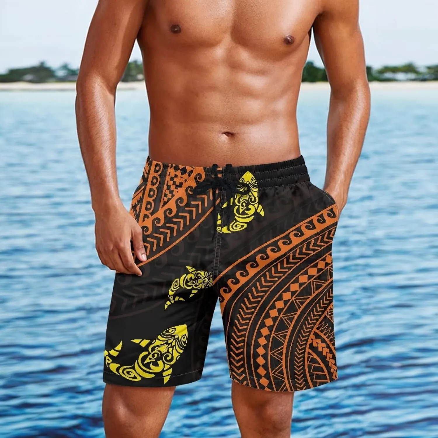 Mens Samoa Hawaii Swim Trunks Quick Dry Polynesian Tribal Tatau Swim Shorts with Mesh Lining