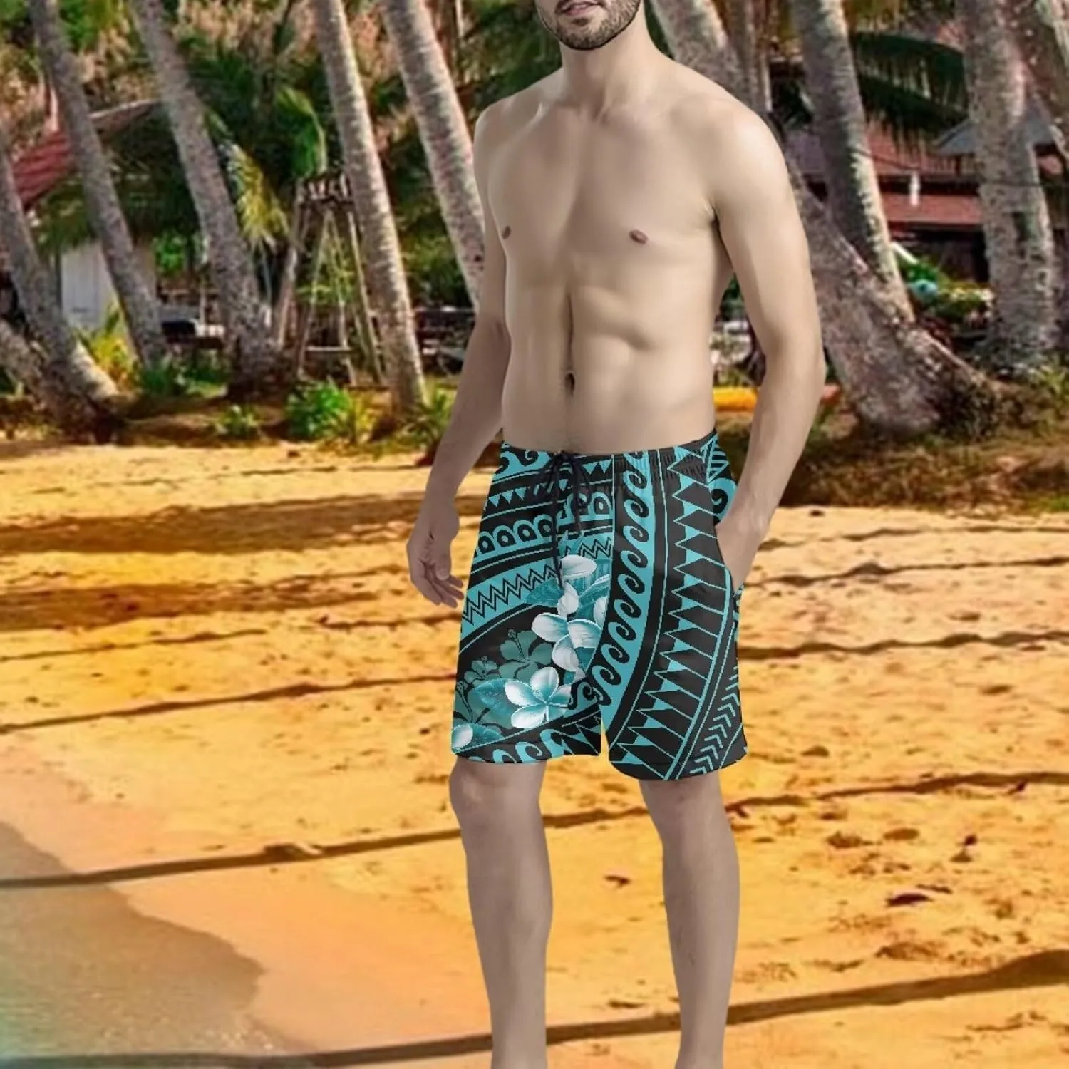 Mens Samoa Hawaii Swim Trunks Quick Dry Polynesian Tribal Tatau Swim Shorts with Mesh Lining