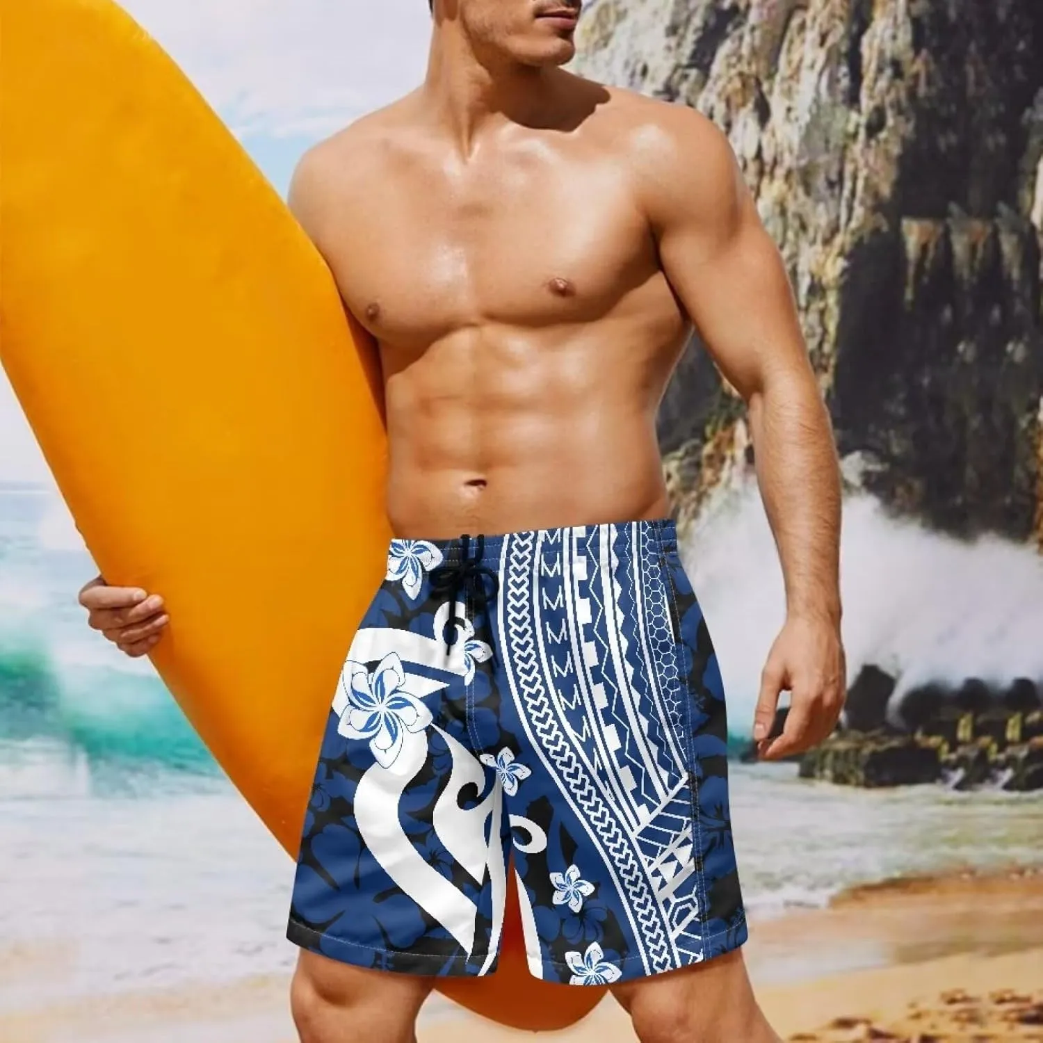 Mens Samoa Puletasi Polynesian Tribal Tonga Swim Trunks Quick Dry Board Shorts with Mesh Lining