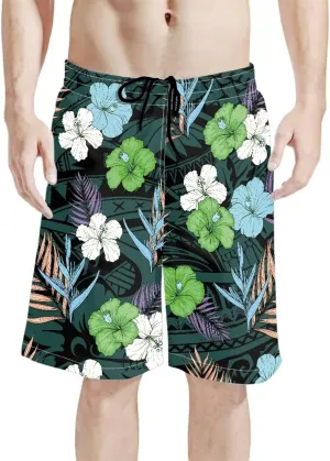 Mens Samoa Puletasi Polynesian Tribal Tonga Swim Trunks Quick Dry Board Shorts with Mesh Lining