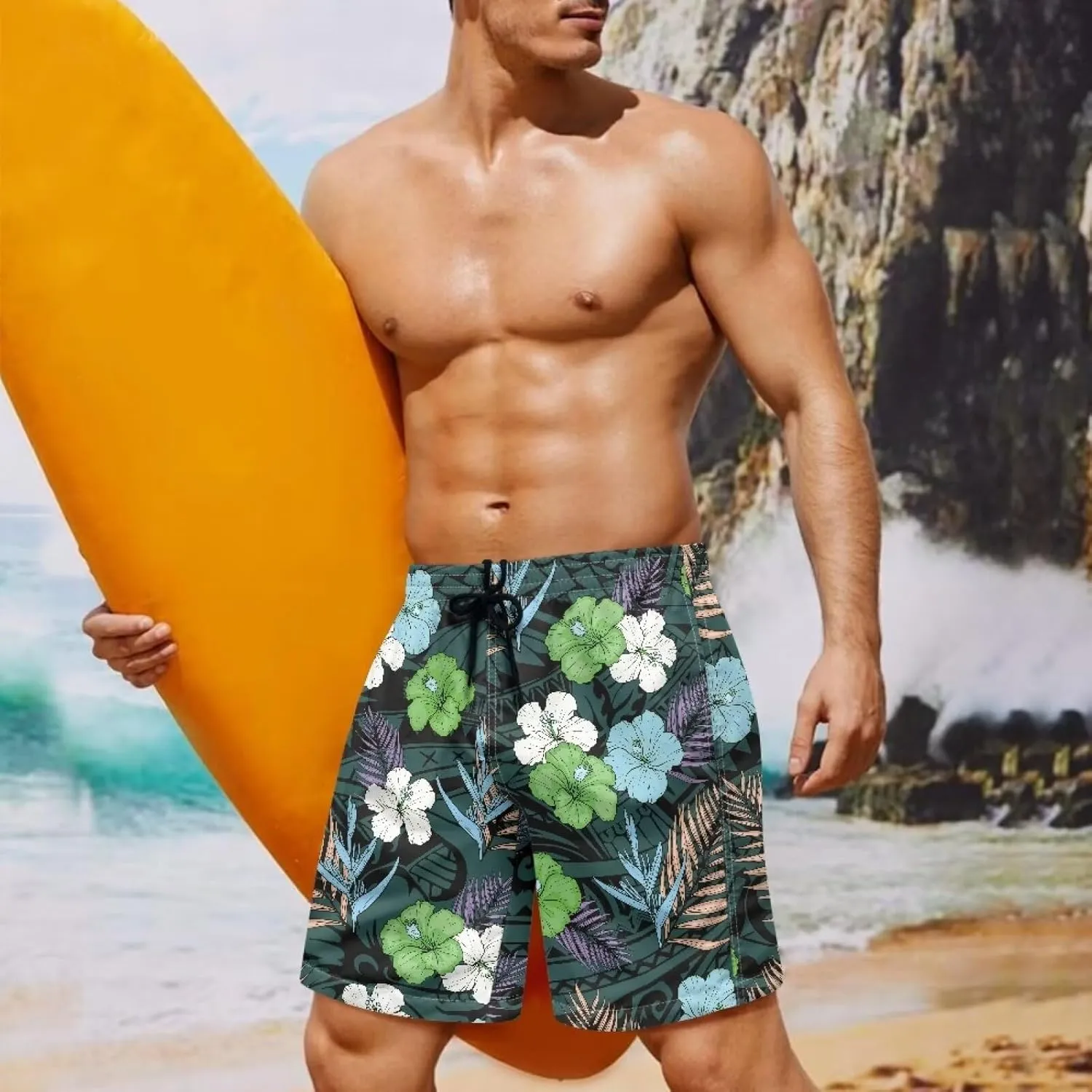 Mens Samoa Puletasi Polynesian Tribal Tonga Swim Trunks Quick Dry Board Shorts with Mesh Lining