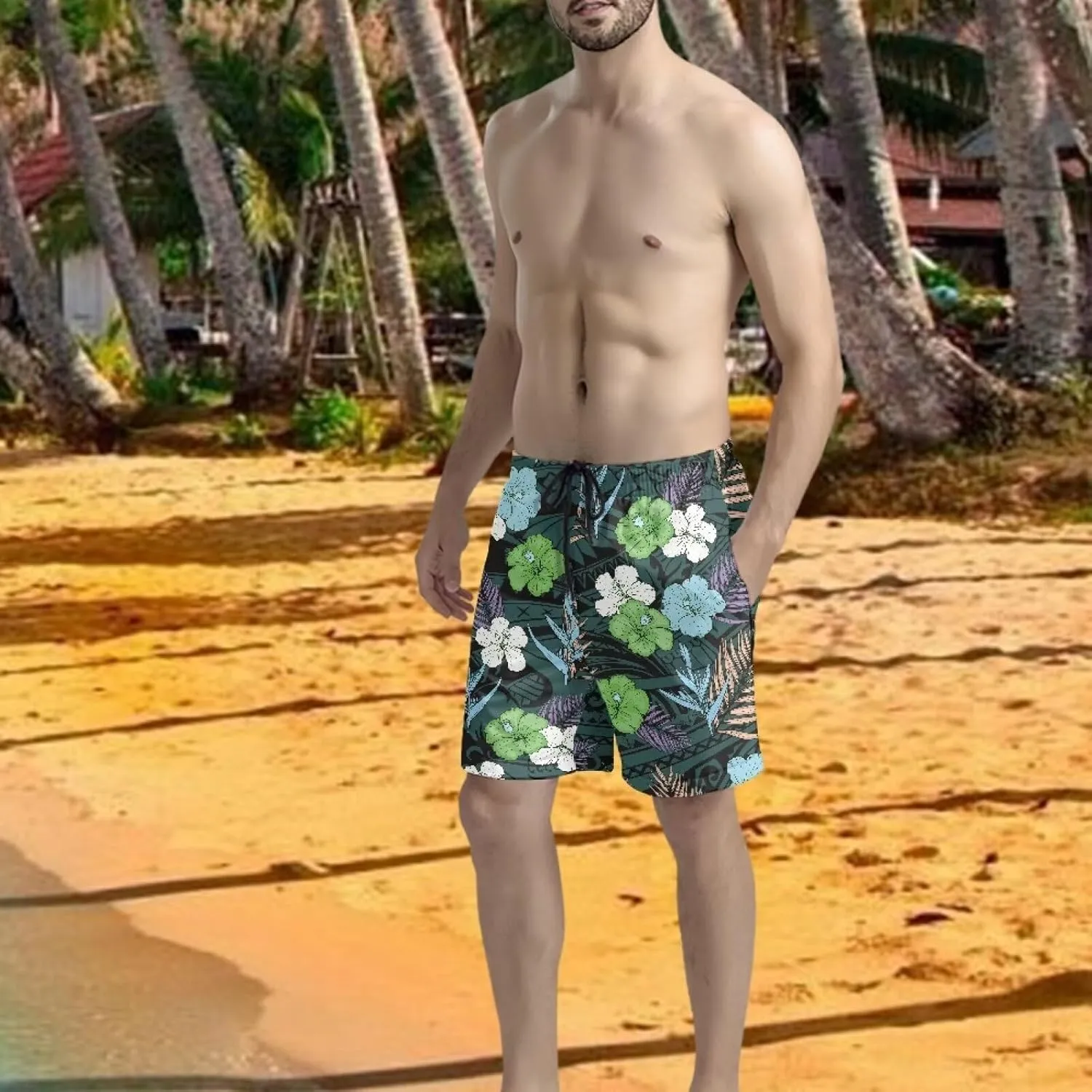 Mens Samoa Puletasi Polynesian Tribal Tonga Swim Trunks Quick Dry Board Shorts with Mesh Lining