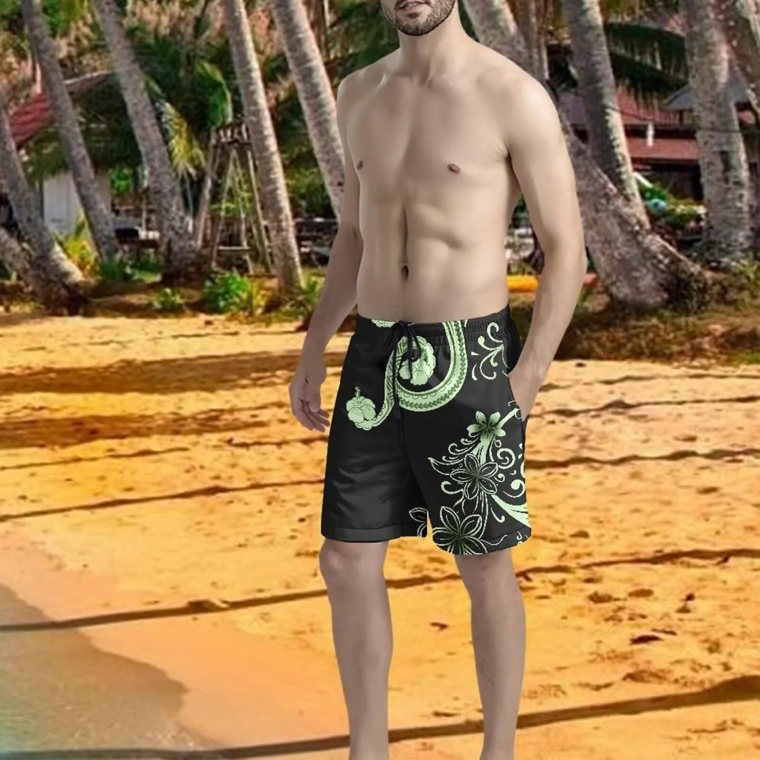 Mens Samoa Puletasi Polynesian Tribal Tonga Swim Trunks Quick Dry Board Shorts with Mesh Lining