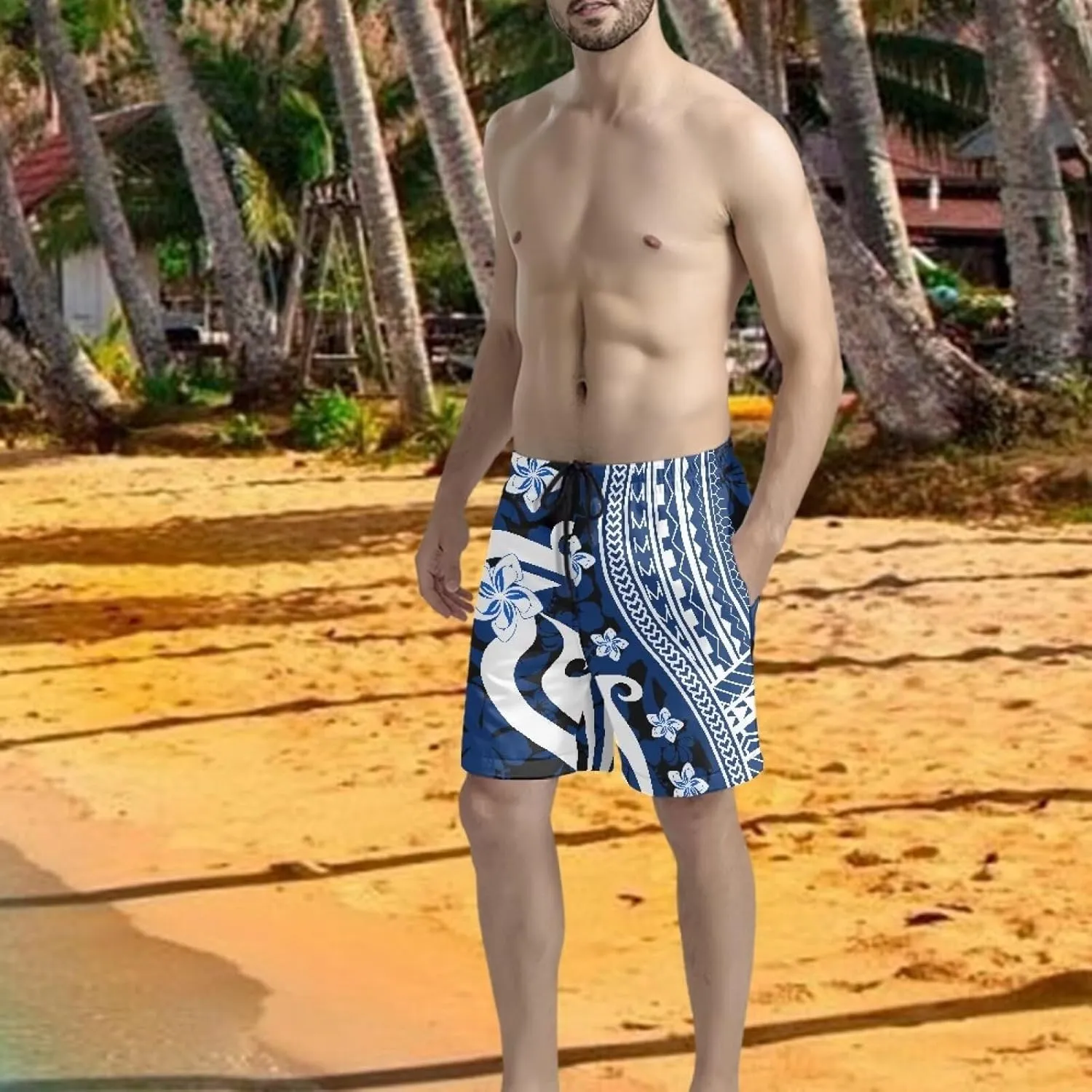 Mens Samoa Puletasi Polynesian Tribal Tonga Swim Trunks Quick Dry Board Shorts with Mesh Lining
