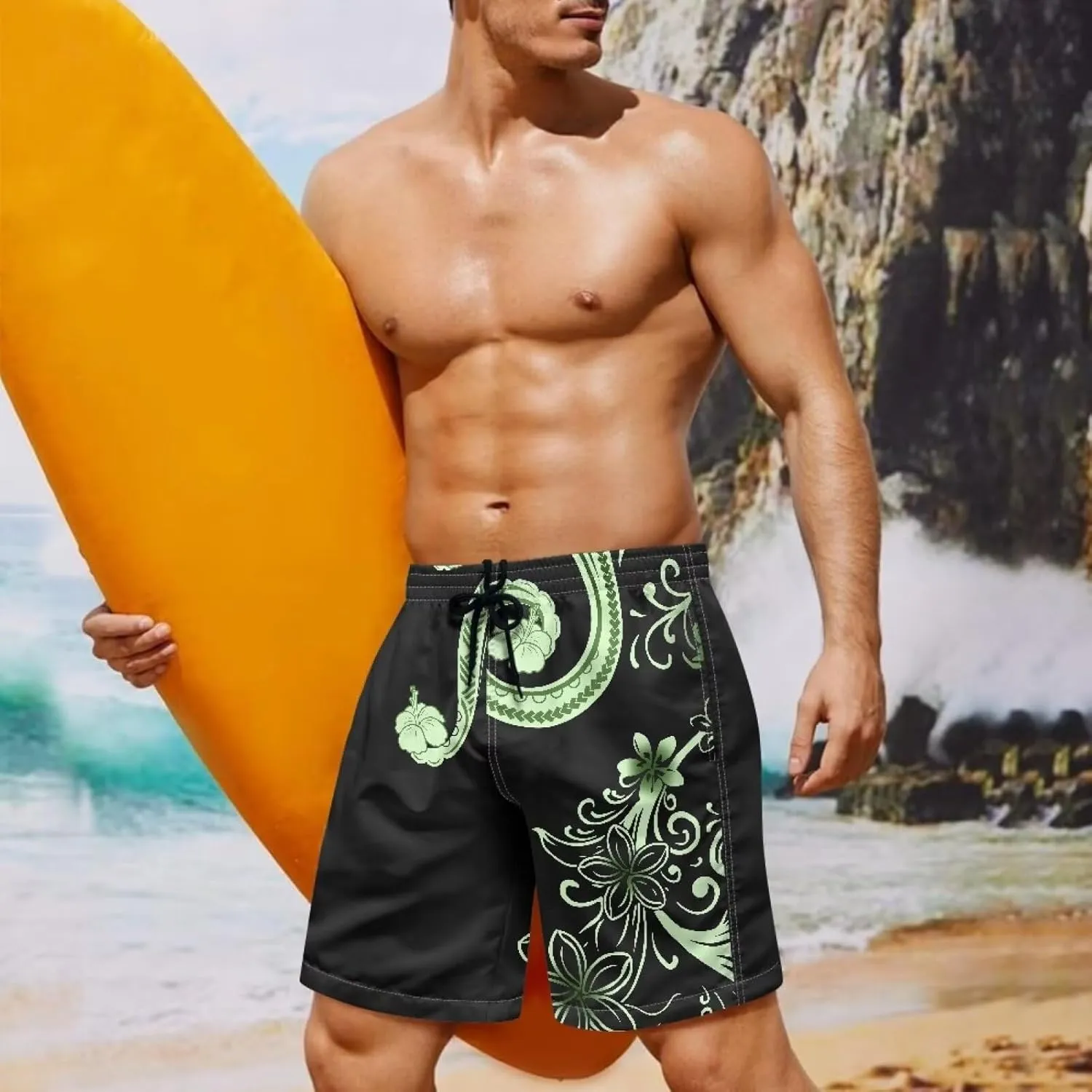 Mens Samoa Puletasi Polynesian Tribal Tonga Swim Trunks Quick Dry Board Shorts with Mesh Lining