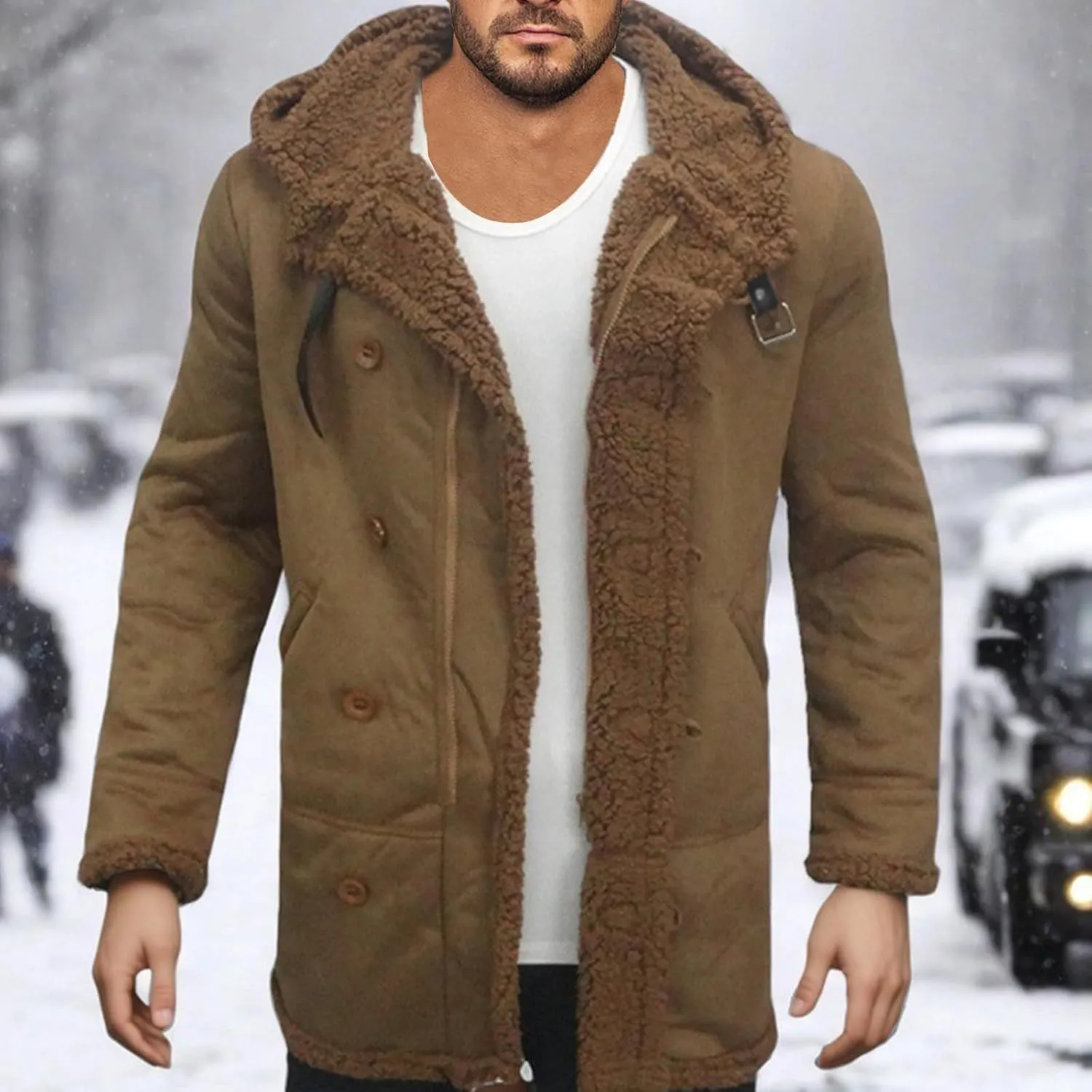 Men's Shearling Leather Coat with Hood Faux Suede Sherpa Lined Sheepskin Jacket Single Breasted Slim Jacket Overcoat