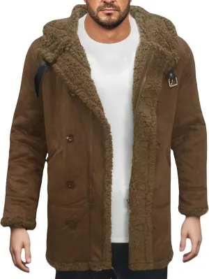 Men's Shearling Leather Coat with Hood Faux Suede Sherpa Lined Sheepskin Jacket Single Breasted Slim Jacket Overcoat