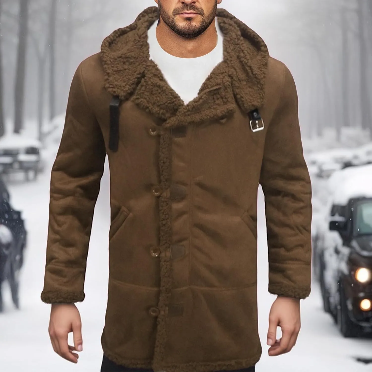 Men's Shearling Leather Coat with Hood Faux Suede Sherpa Lined Sheepskin Jacket Single Breasted Slim Jacket Overcoat