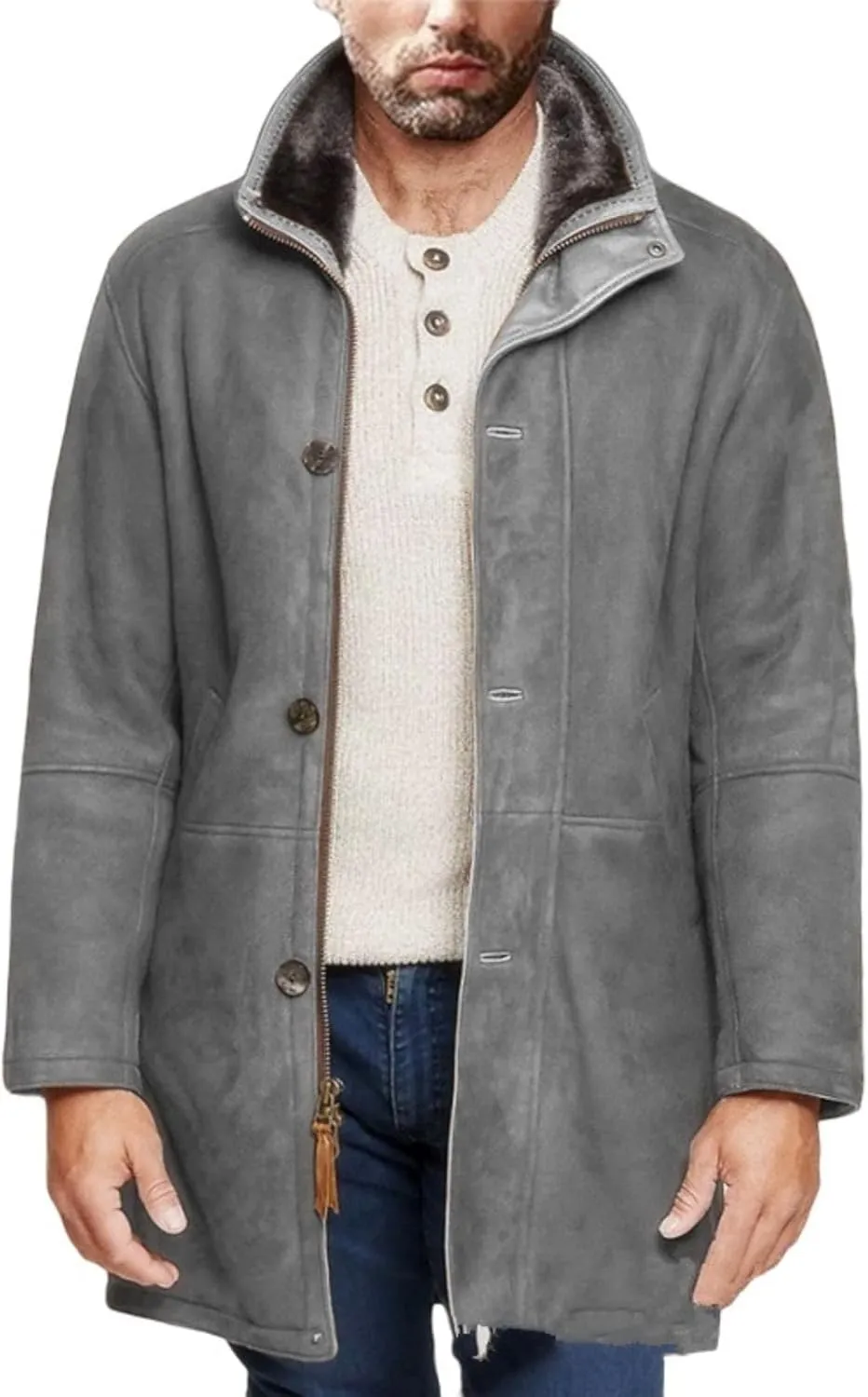 Men's Sherpa Lined Long Jacket Button Zip Up Faux Suede Leather Thermal Coat Warm Winter Sheepskin Fleece Lined Coats