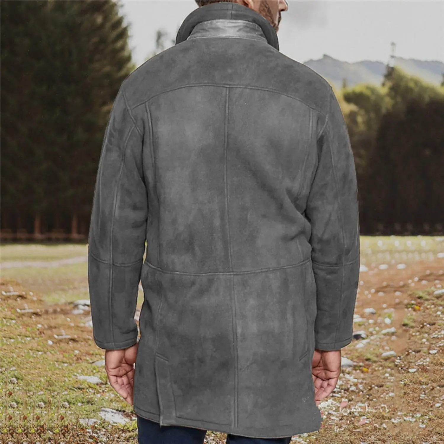 Men's Sherpa Lined Long Jacket Button Zip Up Faux Suede Leather Thermal Coat Warm Winter Sheepskin Fleece Lined Coats