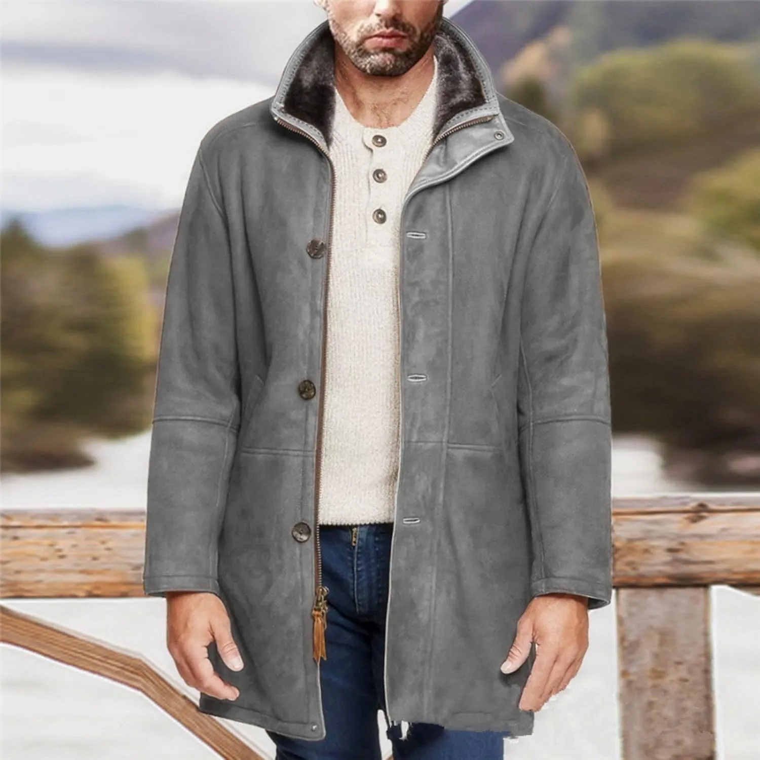 Men's Sherpa Lined Long Jacket Button Zip Up Faux Suede Leather Thermal Coat Warm Winter Sheepskin Fleece Lined Coats