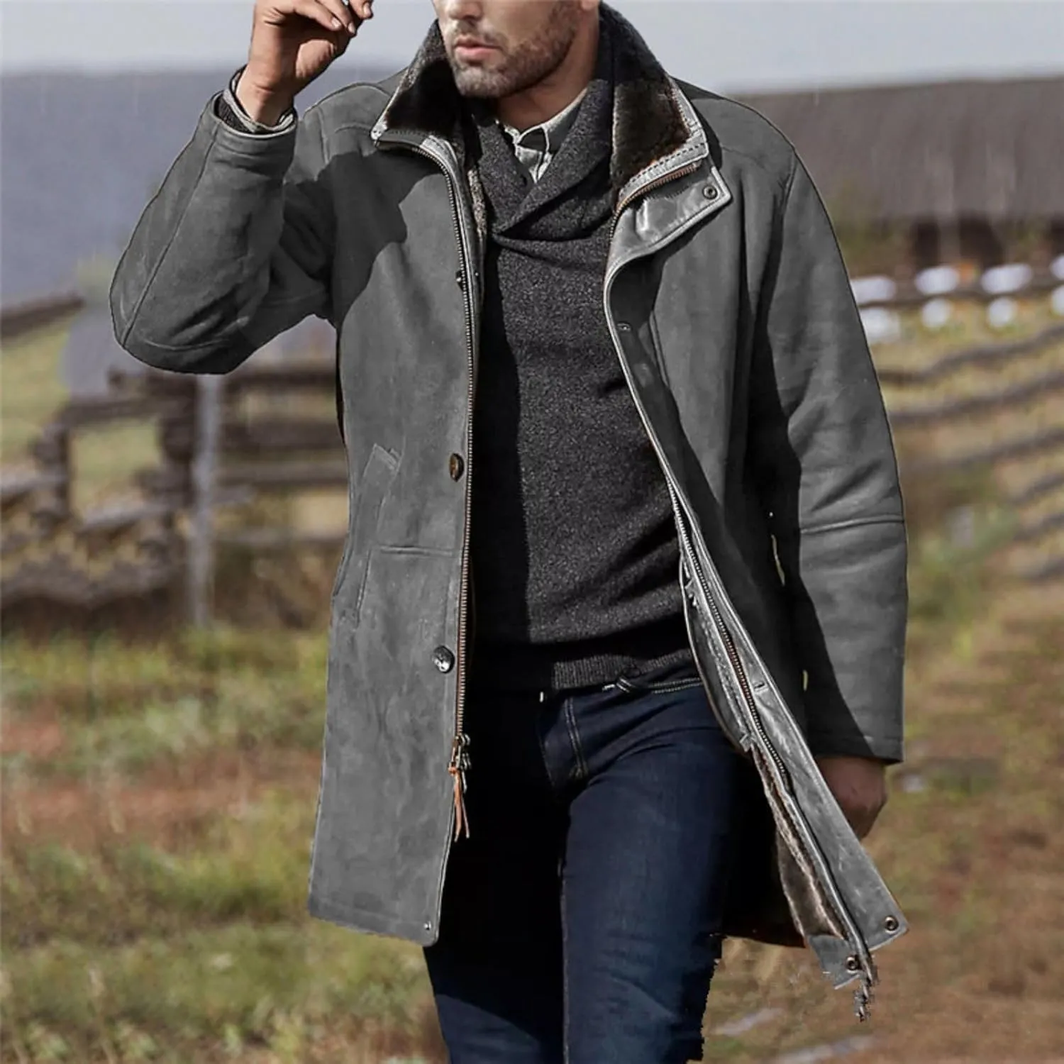 Men's Sherpa Lined Long Jacket Button Zip Up Faux Suede Leather Thermal Coat Warm Winter Sheepskin Fleece Lined Coats