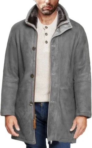 Men's Sherpa Lined Long Jacket Button Zip Up Faux Suede Leather Thermal Coat Warm Winter Sheepskin Fleece Lined Coats