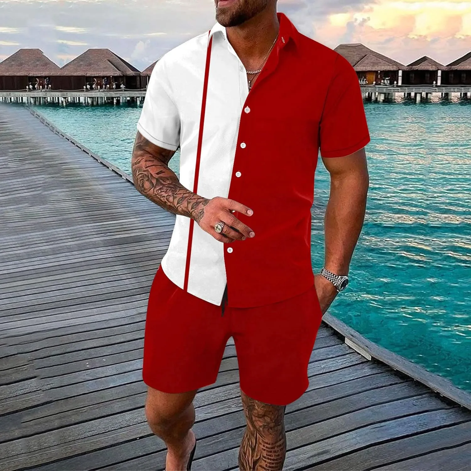 Mens Short Sets 2 Piece Outfits Summer Short Sleeve Button Down Shirt and Shorts Set Beach Tracksuit Guayabera Suits Outfits