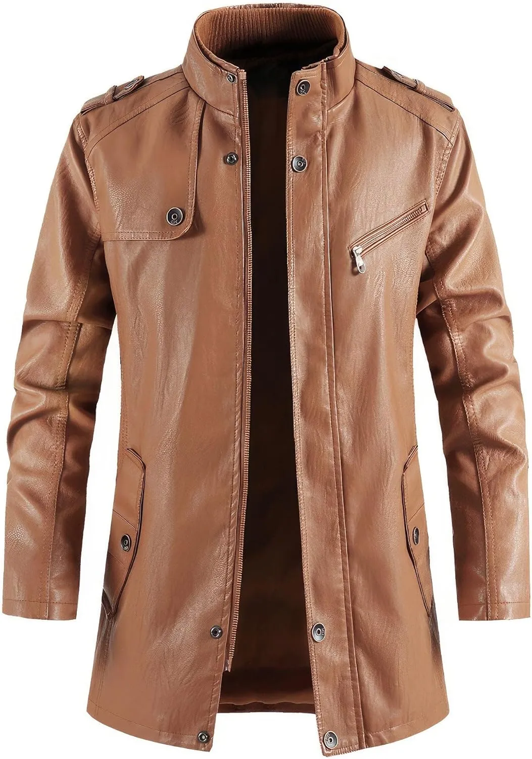 Men's Stand Collar Vintage Casual PU Outerwear Thick Moto Biker Zipper Long Genuine Leather Jackets