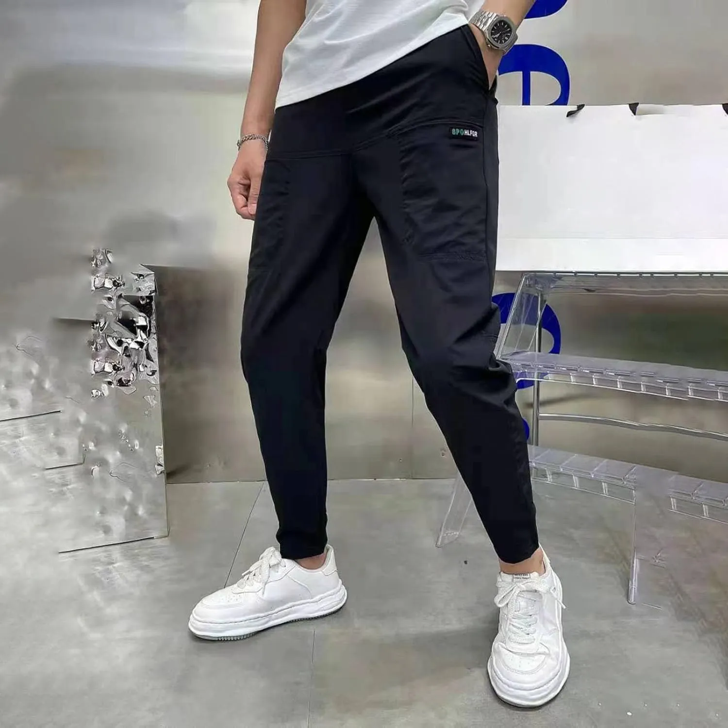 Men's Stretch Multi-Pocket Skinny Cargo Pants, Outdoor Casual Drawstring Joggers Pants Cargo Pants Work Pants for