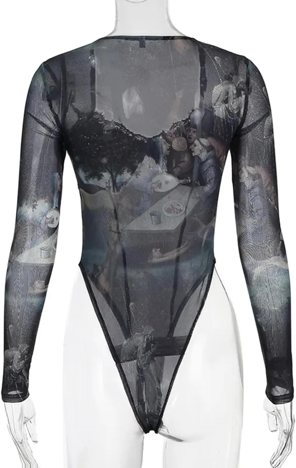 Mesh Chest Wrapping Women Bodysuit Vintage Square Neck Canvas Oil Painting Print Long Sleeve High Waist Body Top