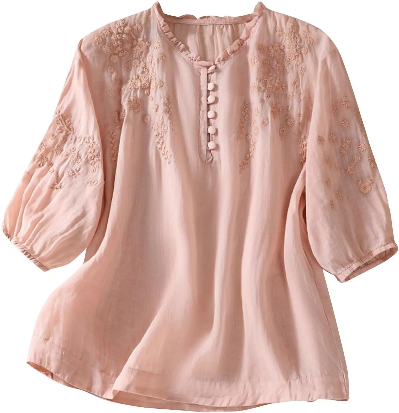Mexico Shirts for Women Summer Embroidered Blouse Cotton Linen Round Neck Tops Vintage Loose Button-Down T-Shirt