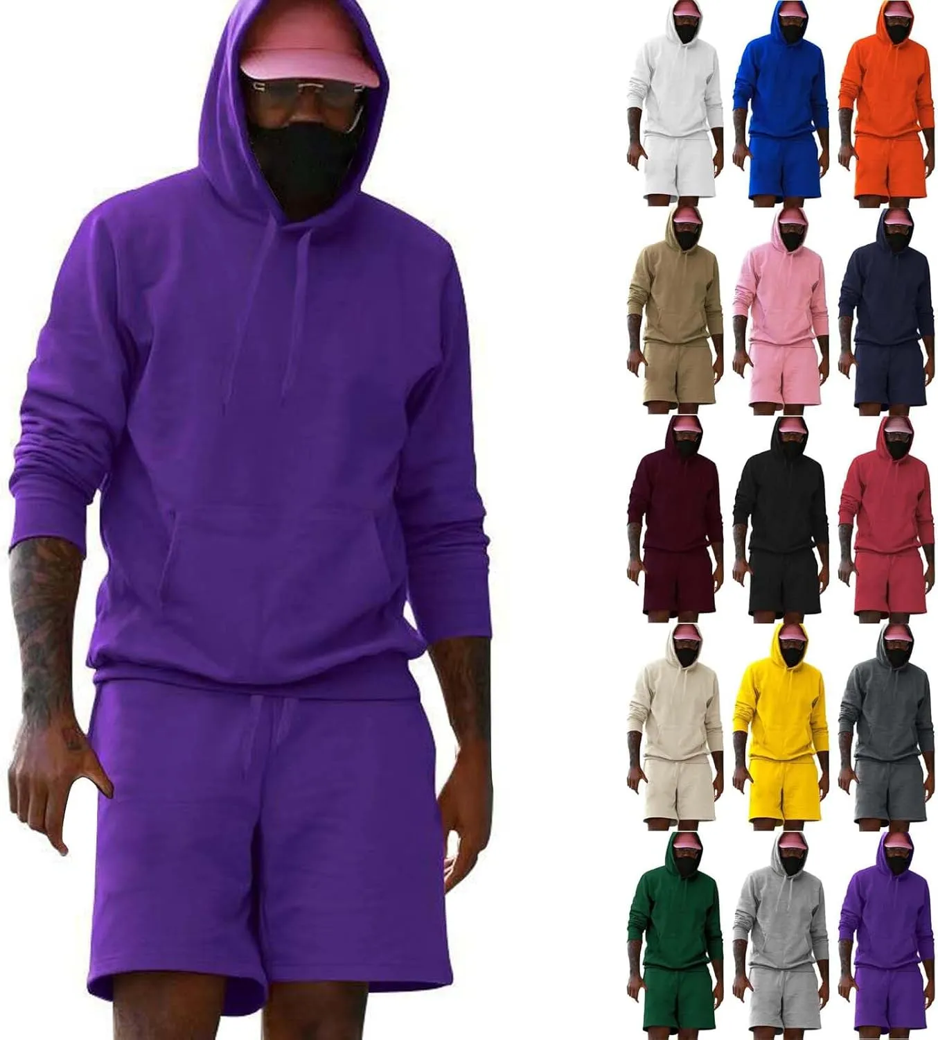 Miyaomn 2 Piece Casual Solid Workout Gym Tracksuits for Men Long Sleeve Pullover Hooded Sweatshirt and Drawstring Shorts Sets