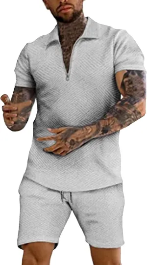 Miyaomn 2 Piece Summer Cotton Jacquard Golf Matching Set for Men Lapel V Neck Zipper Polo Shirt and Shorts Workout Tracksuits