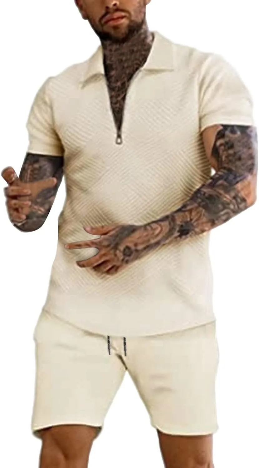 Miyaomn 2 Piece Summer Cotton Jacquard Golf Matching Set for Men Lapel V Neck Zipper Polo Shirt and Shorts Workout Tracksuits