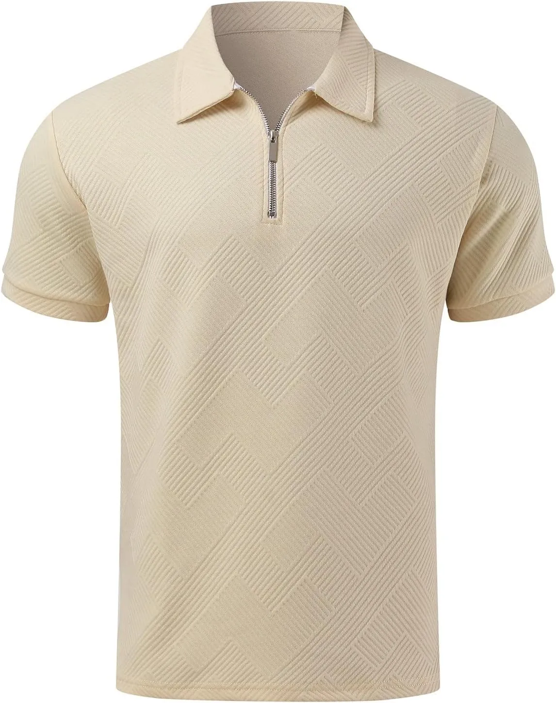 Miyaomn 2 Piece Summer Cotton Jacquard Golf Matching Set for Men Lapel V Neck Zipper Polo Shirt and Shorts Workout Tracksuits