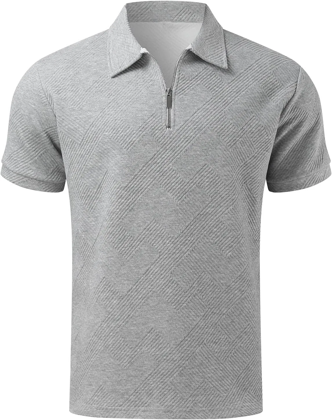 Miyaomn 2 Piece Summer Cotton Jacquard Golf Matching Set for Men Lapel V Neck Zipper Polo Shirt and Shorts Workout Tracksuits