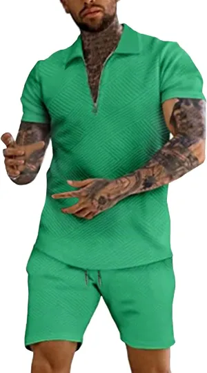 Miyaomn 2 Piece Summer Cotton Jacquard Golf Matching Set for Men Lapel V Neck Zipper Polo Shirt and Shorts Workout Tracksuits