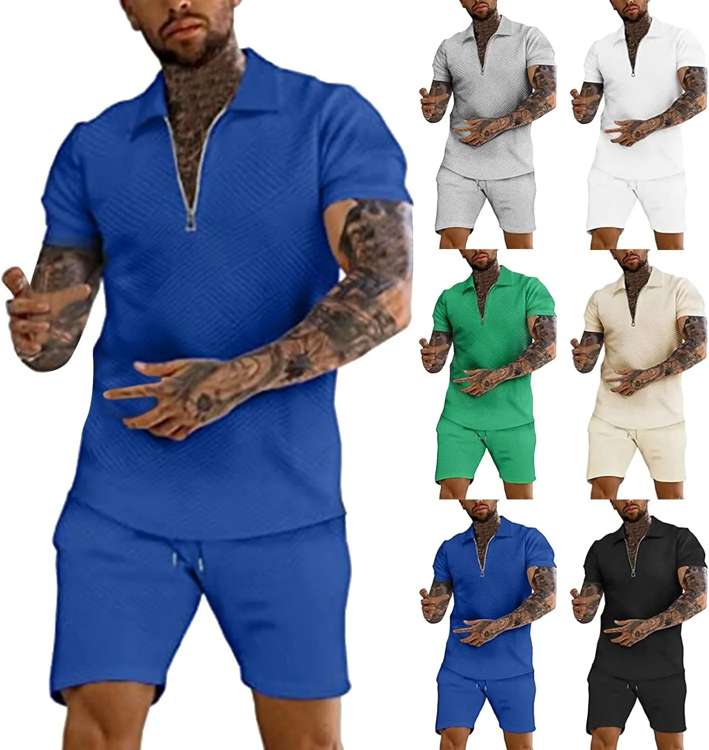 Miyaomn 2 Piece Summer Cotton Jacquard Golf Matching Set for Men Lapel V Neck Zipper Polo Shirt and Shorts Workout Tracksuits