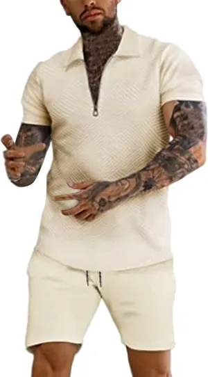 Miyaomn 2 Piece Summer Cotton Jacquard Golf Matching Set for Men Lapel V Neck Zipper Polo Shirt and Shorts Workout Tracksuits