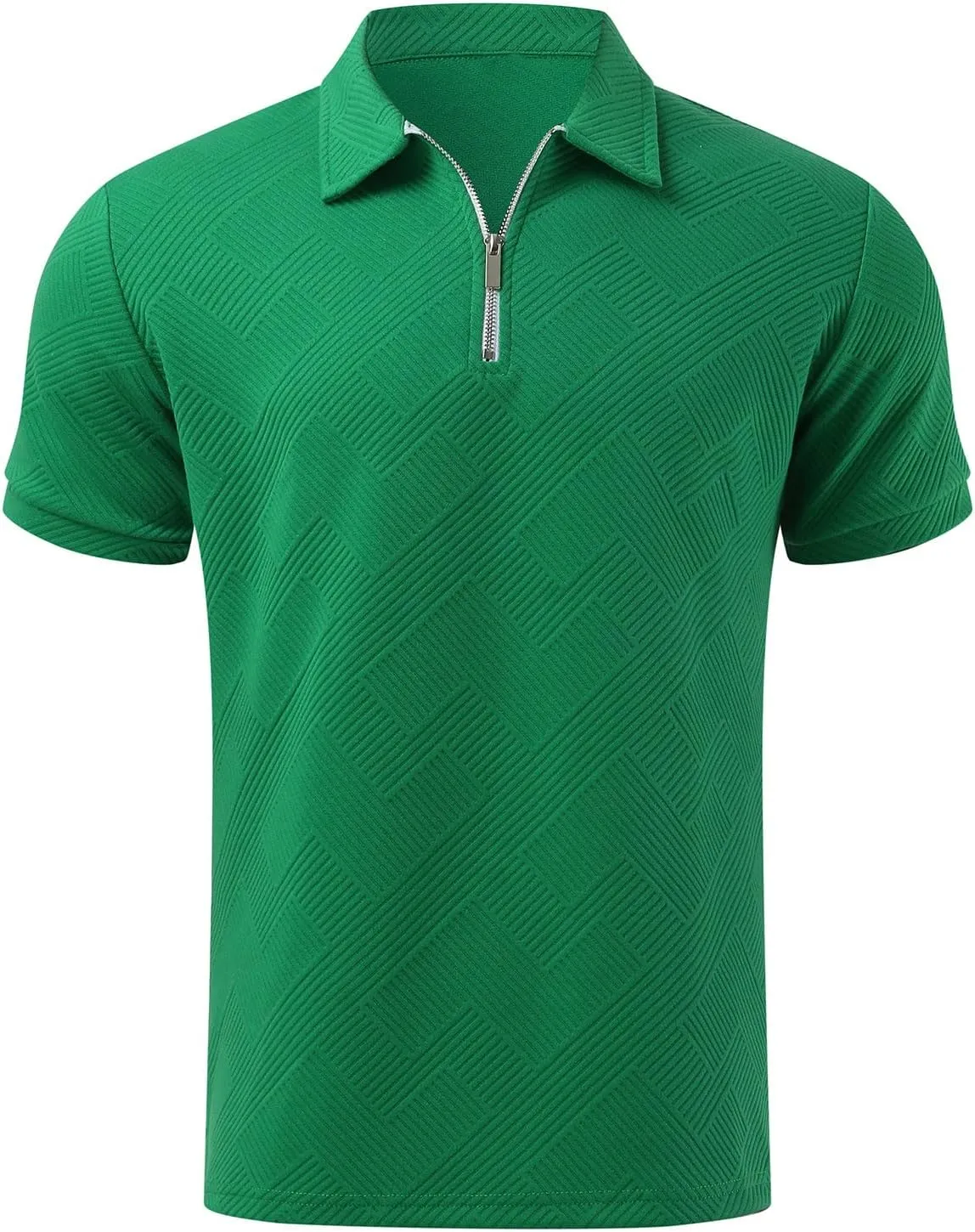 Miyaomn 2 Piece Summer Cotton Jacquard Golf Matching Set for Men Lapel V Neck Zipper Polo Shirt and Shorts Workout Tracksuits