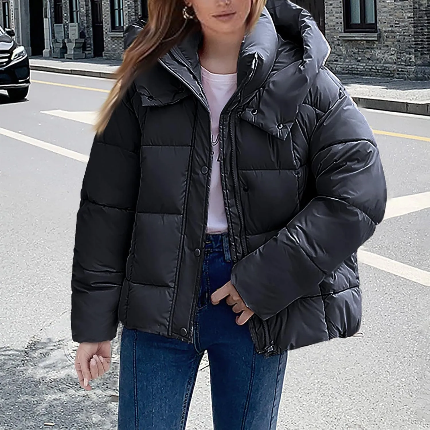 Mmoneyake Womens Hooded Quilted Puffer Jacket Full Zip Baggy Short Down Coats Padded Warm Winter Heavyweight Coat Outerwear