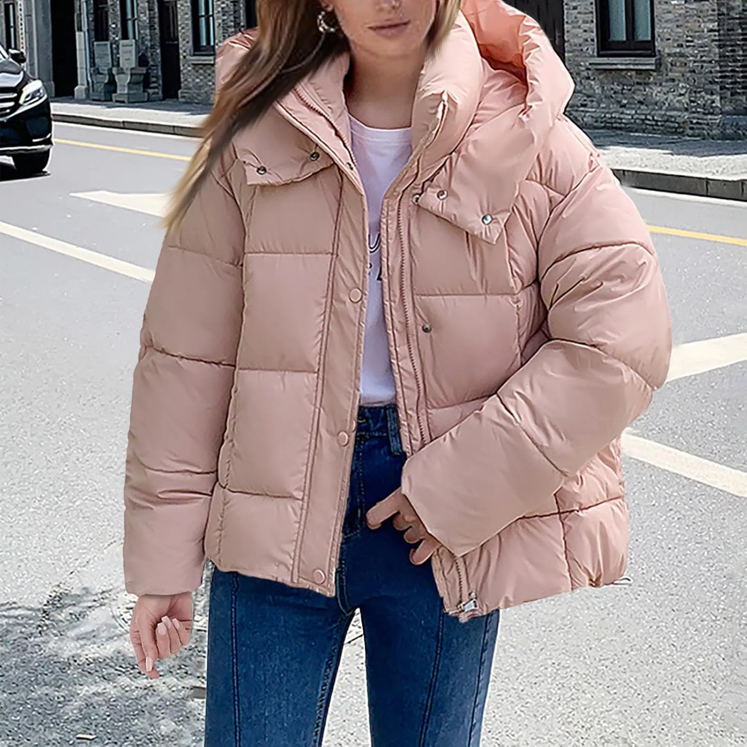 Mmoneyake Womens Hooded Quilted Puffer Jacket Full Zip Baggy Short Down Coats Padded Warm Winter Heavyweight Coat Outerwear