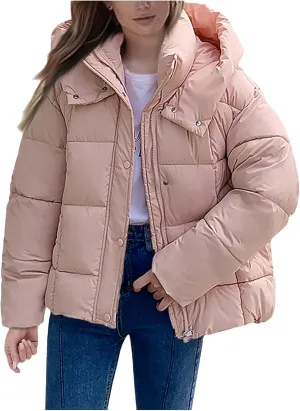 Mmoneyake Womens Hooded Quilted Puffer Jacket Full Zip Baggy Short Down Coats Padded Warm Winter Heavyweight Coat Outerwear
