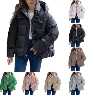 Mmoneyake Womens Hooded Quilted Puffer Jacket Full Zip Baggy Short Down Coats Padded Warm Winter Heavyweight Coat Outerwear