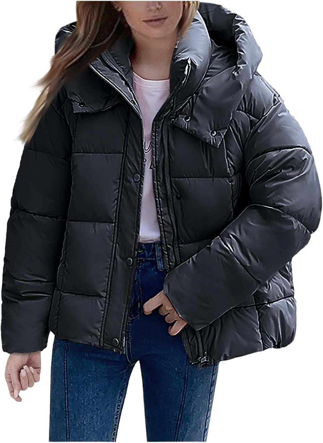 Mmoneyake Womens Hooded Quilted Puffer Jacket Full Zip Baggy Short Down Coats Padded Warm Winter Heavyweight Coat Outerwear