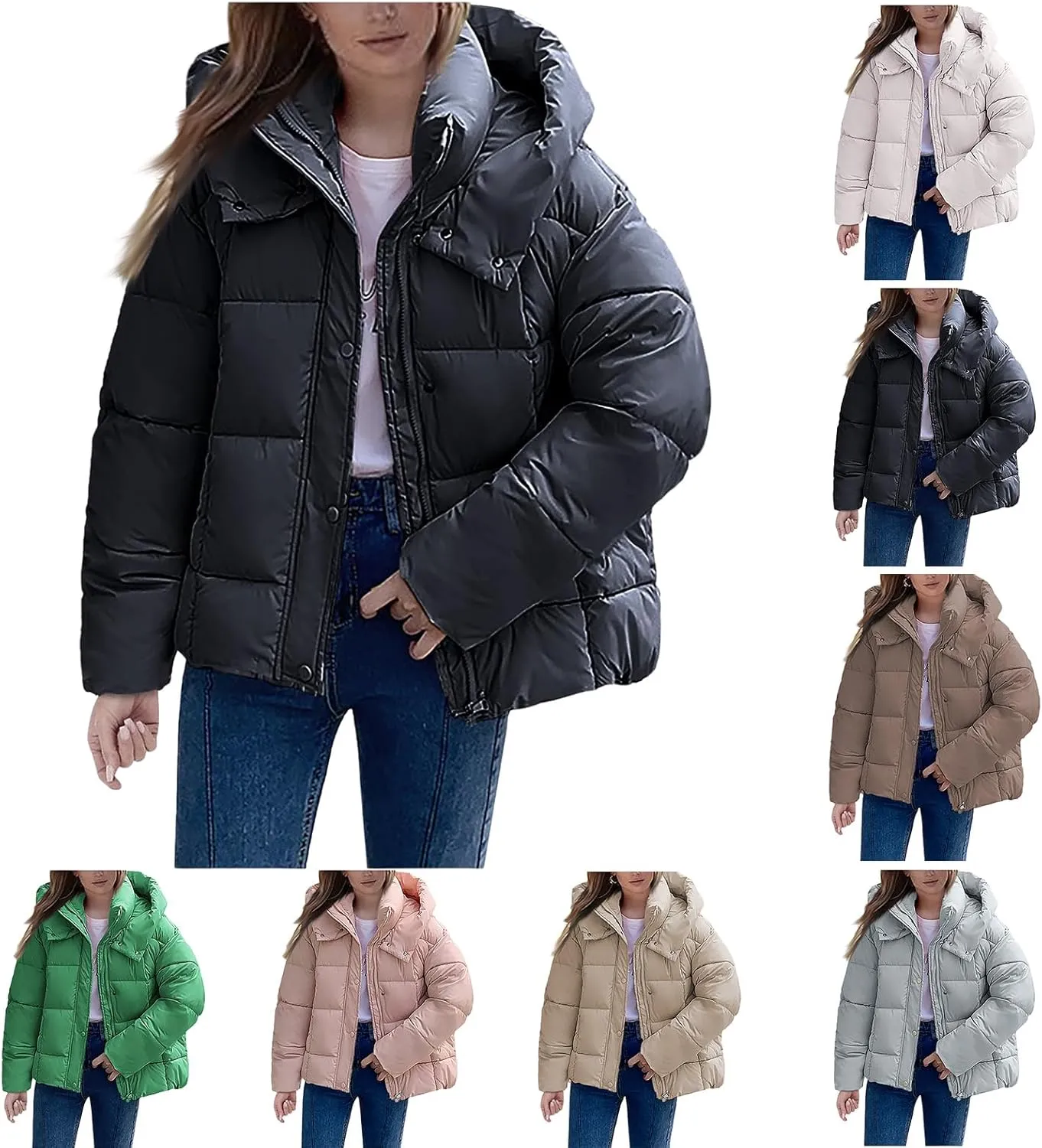 Mmoneyake Womens Hooded Quilted Puffer Jacket Full Zip Baggy Short Down Coats Padded Warm Winter Heavyweight Coat Outerwear