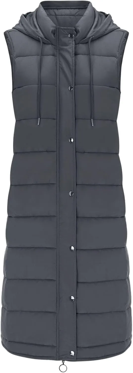 Mmoneyake Womens Long Down Vest Full-Zip Hooded Sleeveless Down Jacket Coat Warm Winter Outdoor Puffer Quilted Vest Outerwear