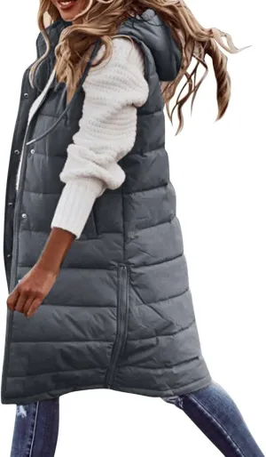 Mmoneyake Womens Long Down Vest Full-Zip Hooded Sleeveless Down Jacket Coat Warm Winter Outdoor Puffer Quilted Vest Outerwear
