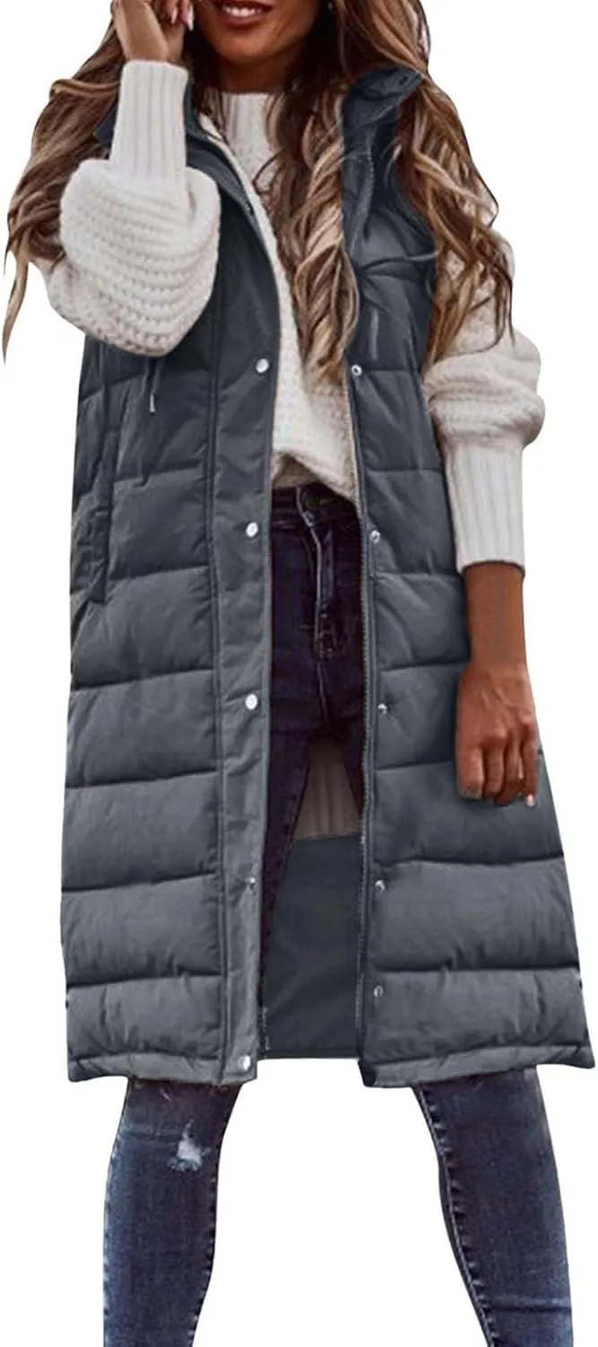 Mmoneyake Womens Long Down Vest Full-Zip Hooded Sleeveless Down Jacket Coat Warm Winter Outdoor Puffer Quilted Vest Outerwear