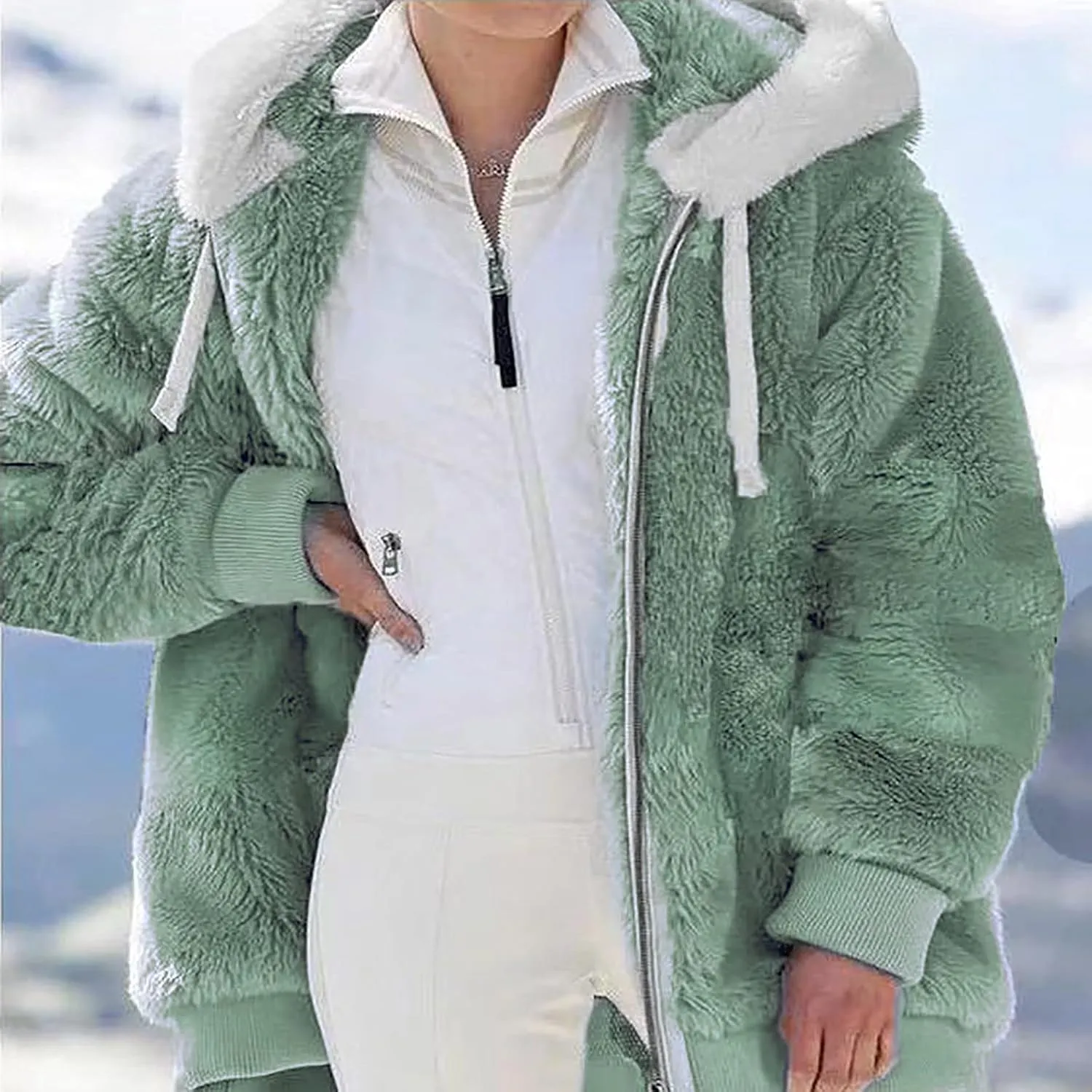 NaRHbrg Women Fleece Hooded Jacket Full Zip Sherpa Jackets Faux Fur Coat Winter Hooded Overcoat Outwears For Warm Winter