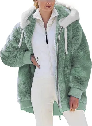 NaRHbrg Women Fleece Hooded Jacket Full Zip Sherpa Jackets Faux Fur Coat Winter Hooded Overcoat Outwears For Warm Winter