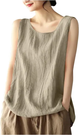 Oplxuo Cotton Linen Tank Tops for Women Loose Fit Sleeveless Round Neck Tee Shirts Summer Casual Flowy Blouses Tunic Tops