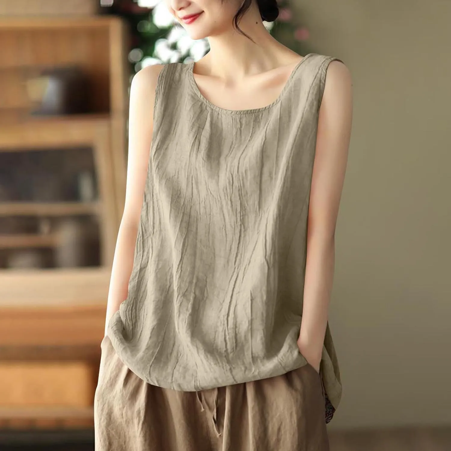 Oplxuo Cotton Linen Tank Tops for Women Loose Fit Sleeveless Round Neck Tee Shirts Summer Casual Flowy Blouses Tunic Tops
