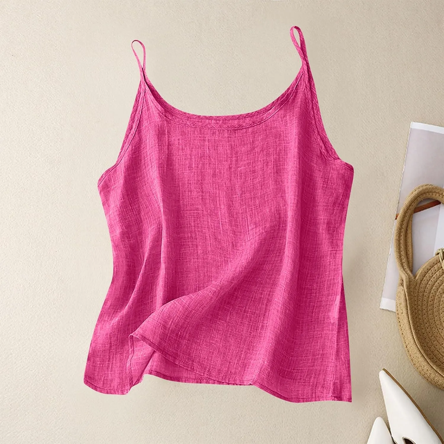 Oplxuo Womens Linen Tank Top Sleeveless Spaghetti Strap Camisole Tops Casual Solid Color Tee Shirts Summer Flowy Tank Top