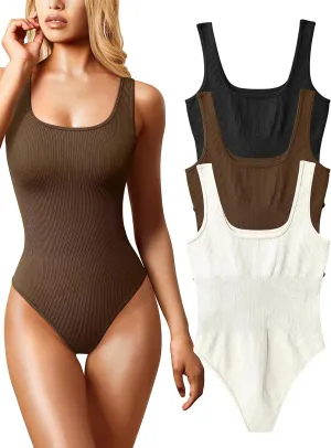 OQQ Women's 3 Piece Bodysuits Sexy Ribbed Sleeveless Square Neck Tank Tops Leotard 2025 Trendy Outfits