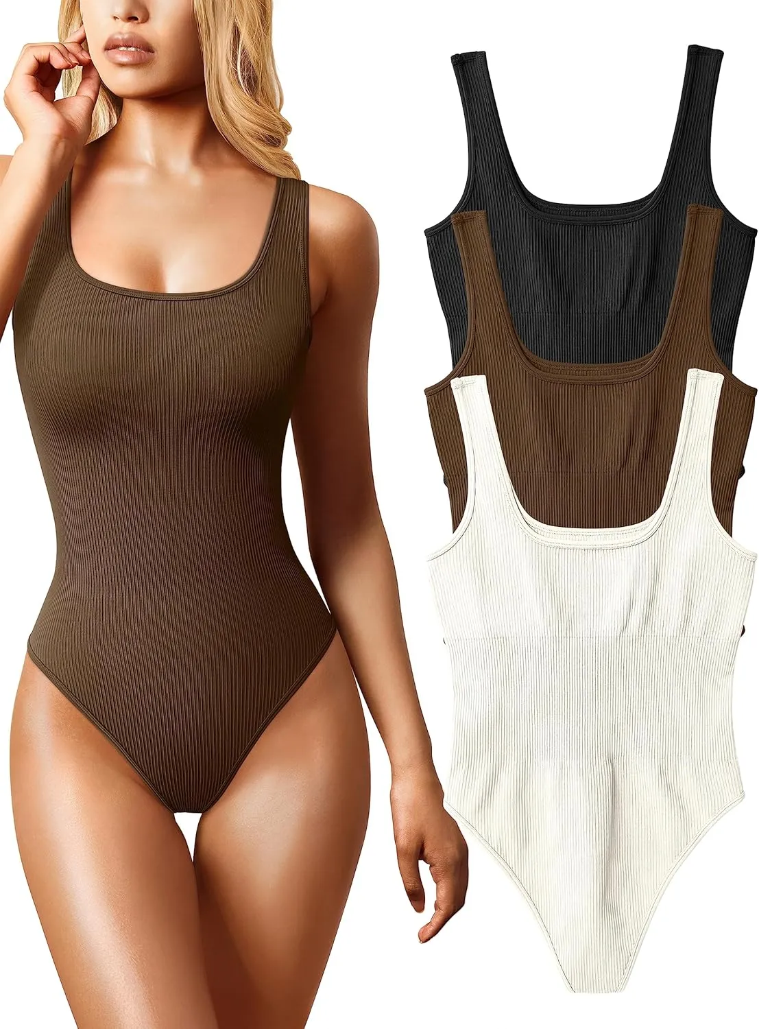 OQQ Women's 3 Piece Bodysuits Sexy Ribbed Sleeveless Square Neck Tank Tops Leotard 2025 Trendy Outfits