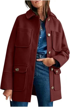 Pea Coats for Women 2024 Winter Elegant Wool Coat Mid Long Pea Coat Wool Blend Overcoat Jacket with Pockets