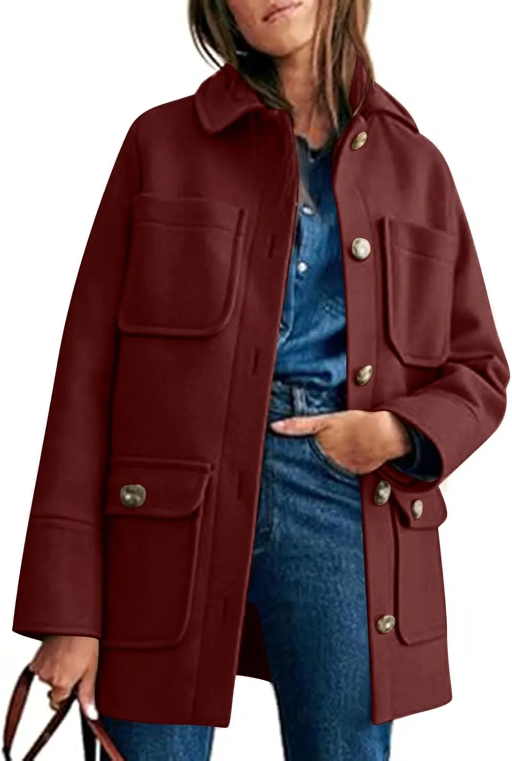 Pea Coats for Women 2024 Winter Elegant Wool Coat Mid Long Pea Coat Wool Blend Overcoat Jacket with Pockets