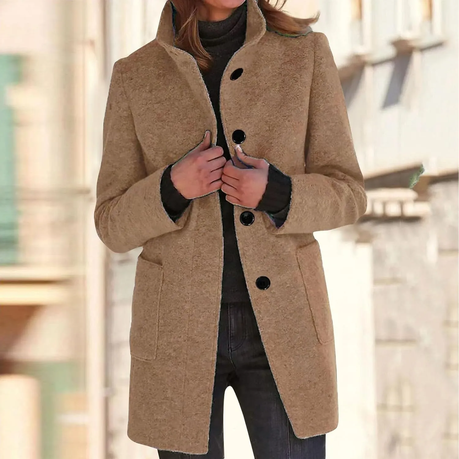 Peacoat Womens Coat Stand Collar Single Breasted Wool Coats Winter 2024 Trendy Long Coats Peacoat Blazer Jacket